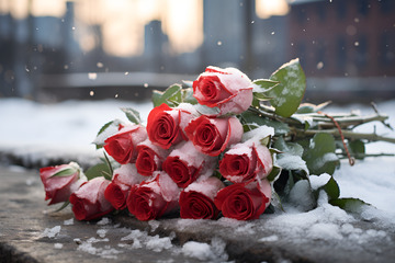 冬季雪地里的一束玫瑰花