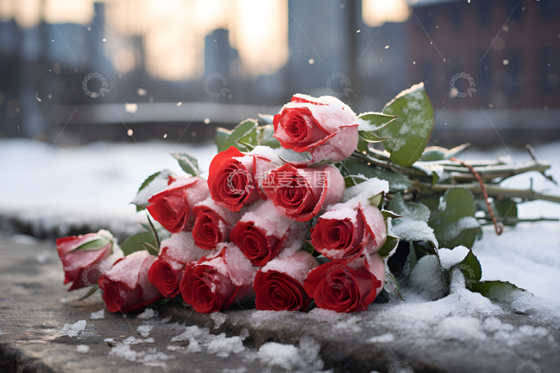 高清大图下载【趣麦麦图】-冬季雪地里的一束玫瑰花