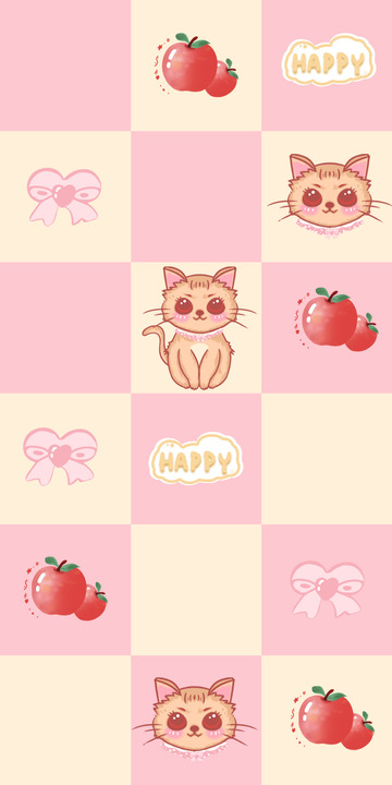 粉色格子苹果猫咪壁纸