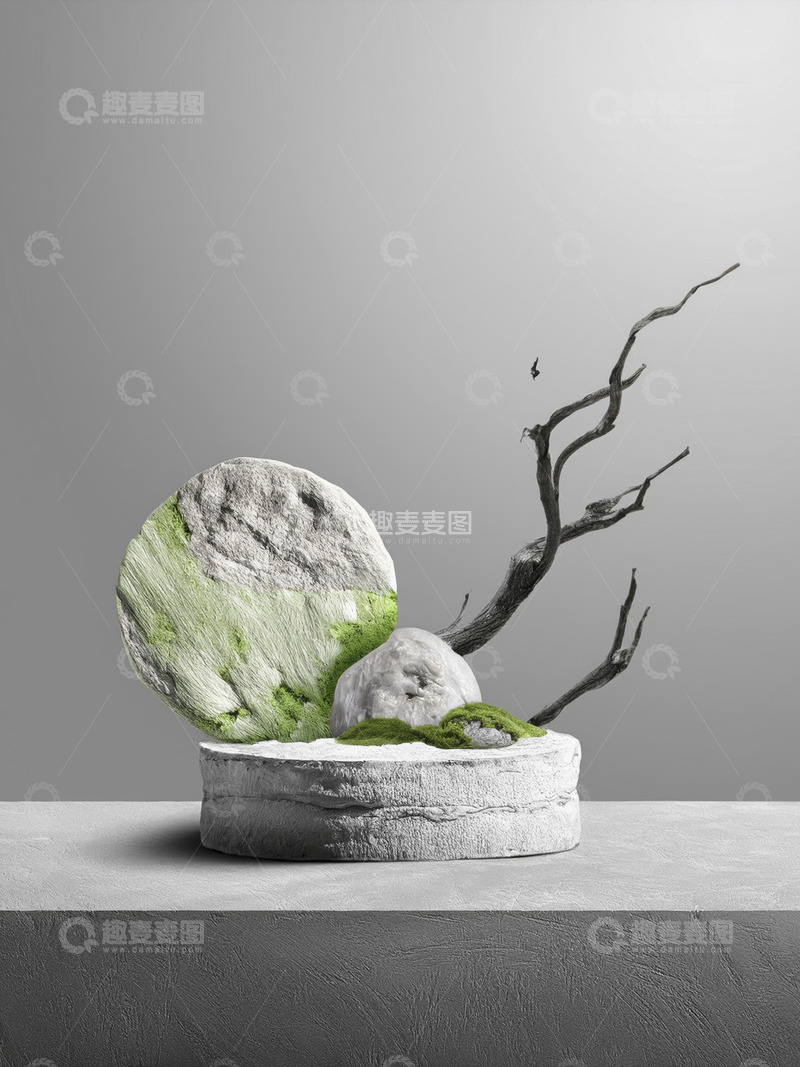 高清大图下载【趣麦麦图】美妆背景展台的枯枝干倚石悠韵长1