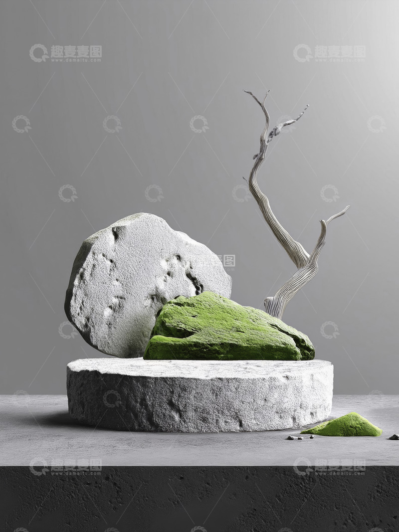 高清大图下载【趣麦麦图】美妆背景展台的枯枝干斜苔绿生机