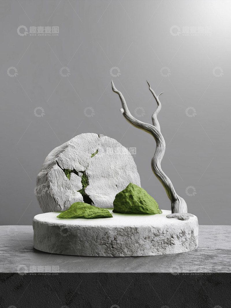 高清大图下载【趣麦麦图】美妆背景展台的枯枝干斜苔润生趣