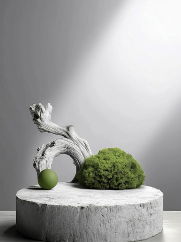 美妆背景展台的枯枝干斜苔碧生姿