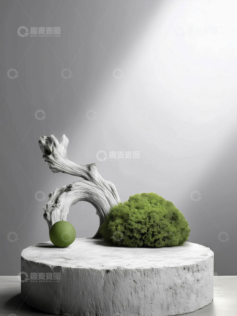 高清大图下载【趣麦麦图】美妆背景展台的枯枝干斜苔碧生姿