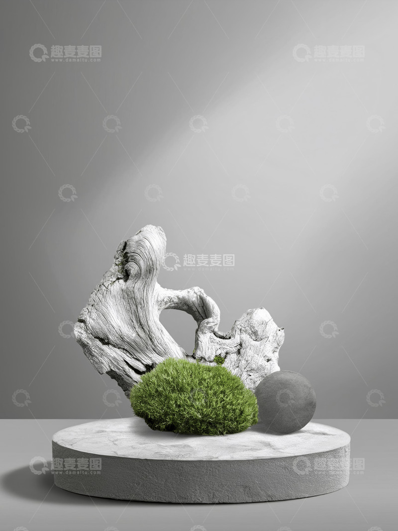 高清大图下载【趣麦麦图】美妆背景展台的枯枝干倚石致韵佳