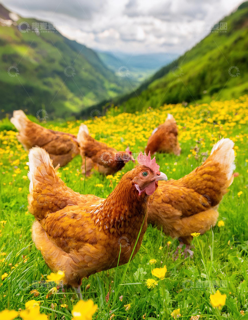 高清大图下载【趣麦麦图】鸡在绿色草原的优雅姿态1
