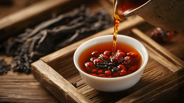 倒入茶水的陶瓷茶杯与香料装饰画面
