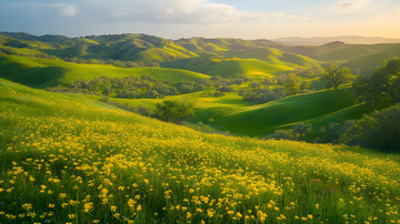 夕阳下金黄色野花覆盖的山丘田园风光