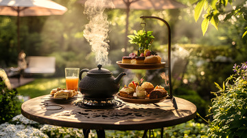 户外茶具与绿叶背景的自然茶艺场景
