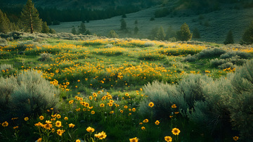 金黄色野花遍布草地的田园风光