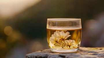 精致玻璃茶杯中的养生花茶静物特写