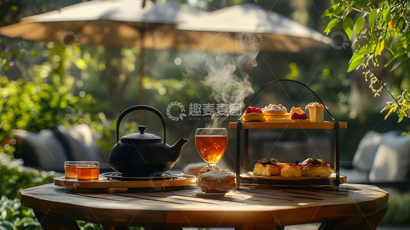 高清大图下载【趣麦麦图】阳光下摆放于木桌上的茶具与茶杯组合