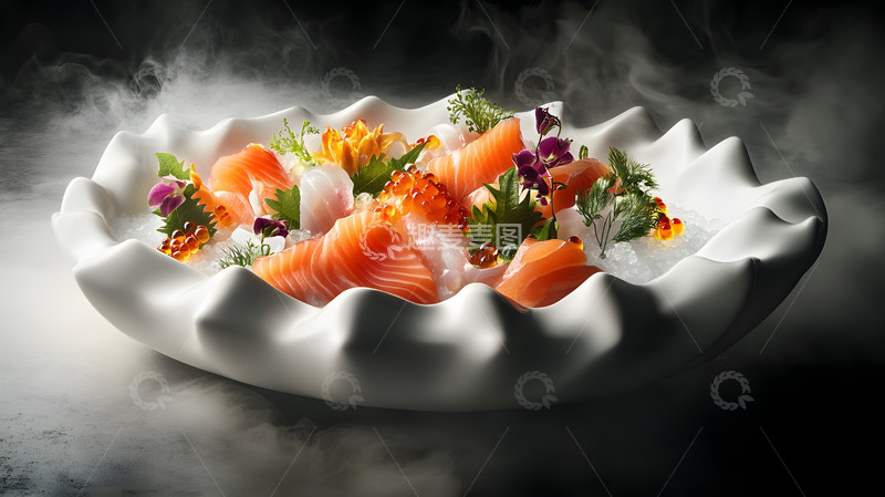 高清大图下载【趣麦麦图】刺身拼盘与烟雾特效的创意日式美食摄影