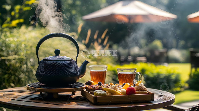 高清大图下载【趣麦麦图】-阳光映衬下的茶具与传统茶点户外场景