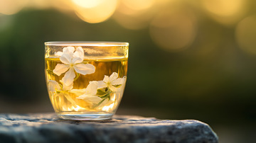 阳光洒在玻璃茶杯与琥珀色茶水上的艺术画面