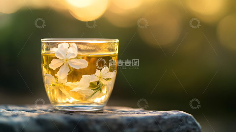 高清大图下载【趣麦麦图】阳光洒在玻璃茶杯与琥珀色茶水上的艺术画面