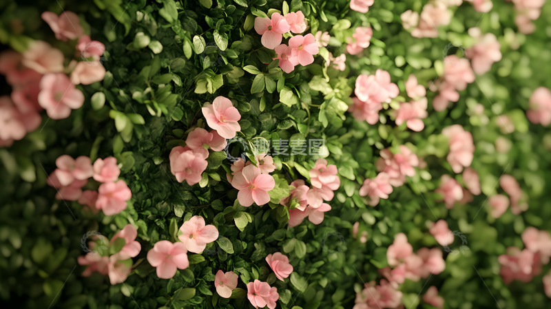 粉色野花覆盖的绿植墙面自然风景
