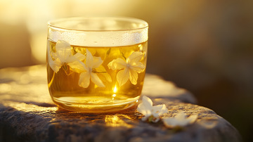 透明茶杯中的花茶与自然光线融合的艺术感