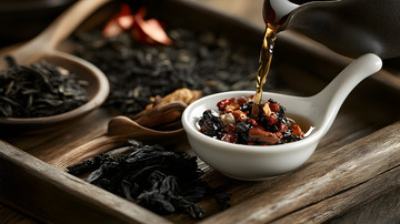 深色背景衬托下的陶瓷茶杯与茶叶特写