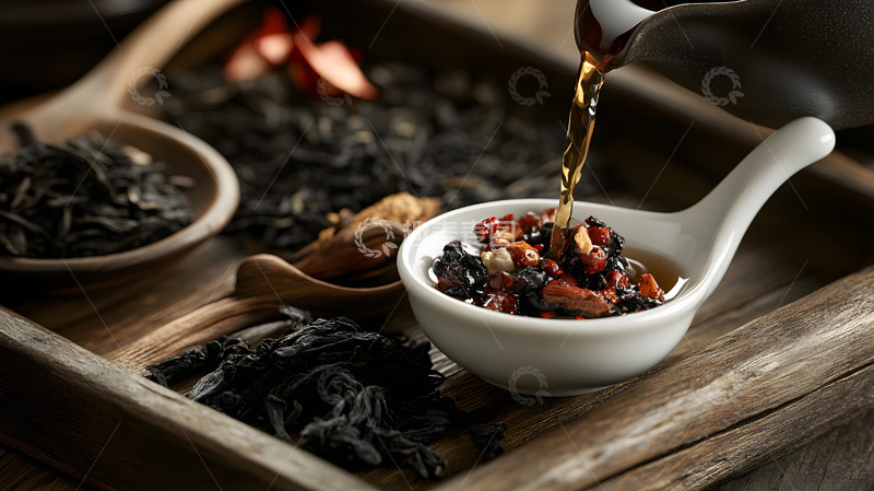 高清大图下载【趣麦麦图】深色背景衬托下的陶瓷茶杯与茶叶特写