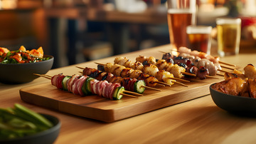 烤串与配菜装饰的日式传统美食场景