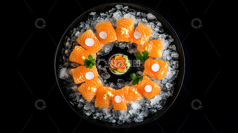 高清大图下载【趣麦麦图】黑色背景下的刺身拼盘美食艺术