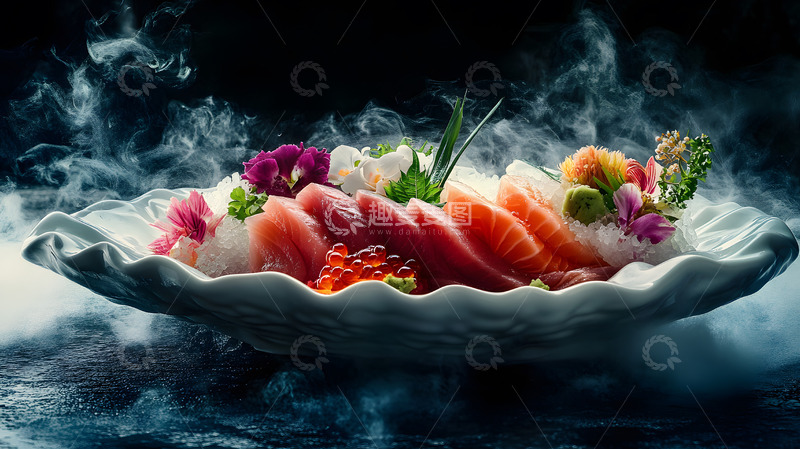 高清大图下载【趣麦麦图】烟雾缭绕中展示的豪华刺身拼盘日式料理