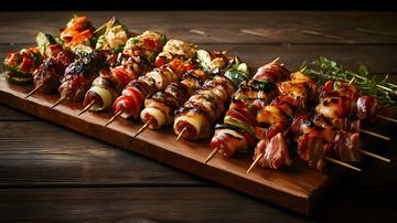日式木质托盘中的多样化烤串美食