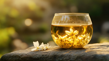 阳光下琥珀色茶水与玻璃茶杯的清新画面