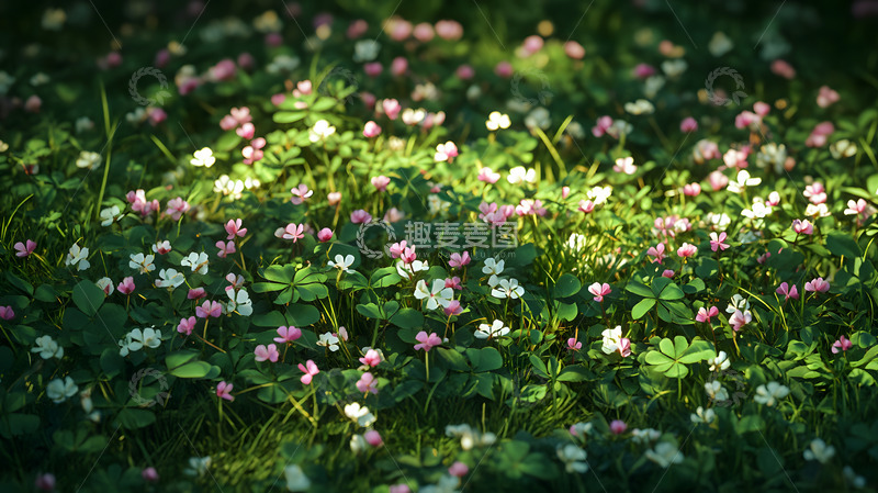 阳光洒在粉色野花与绿植交织的草地上