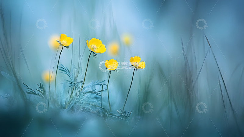 高清大图下载【趣麦麦图】晨雾中摇曳的黄色野花特写画面