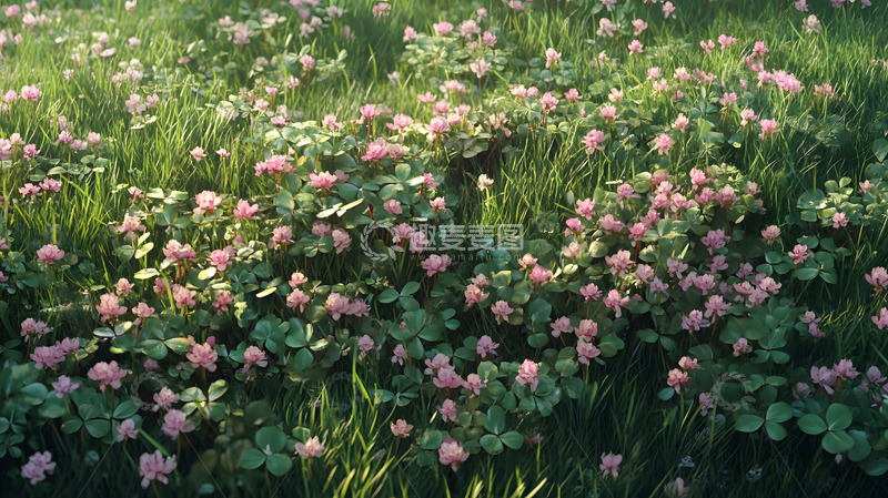 高清大图下载【趣麦麦图】阳光洒在粉色野花点缀的草地景象