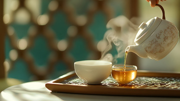 阳光洒在陶瓷茶具与茶杯上的静谧美景