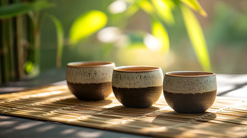木制茶盘上的传统茶具与茶杯场景