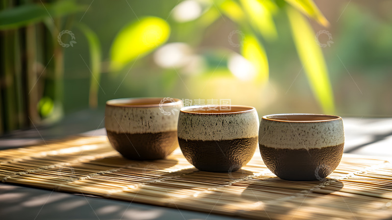 高清大图下载【趣麦麦图】木制茶盘上的传统茶具与茶杯场景
