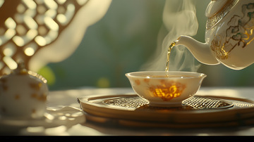 透明茶杯与琥珀色茶水的光影茶艺美学