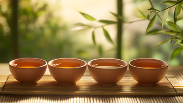阳光下竹制茶盘上的传统茶具组合