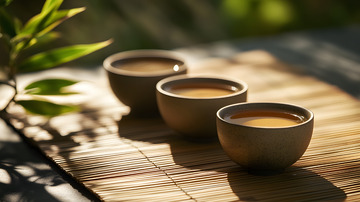 中式陶瓷茶杯与茶壶的自然茶艺场景
