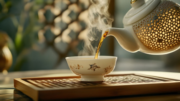 精致陶瓷茶杯与茶具组合的中式摆拍