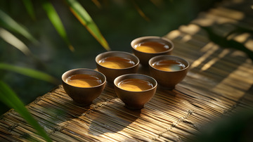 绿叶背景下的陶制茶具与茶杯艺术摆设