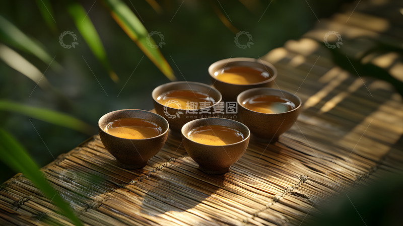 高清大图下载【趣麦麦图】-绿叶背景下的陶制茶具与茶杯艺术摆设
