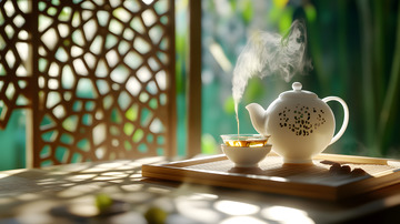 镂空屏风下的传统茶具与茶杯艺术摆设