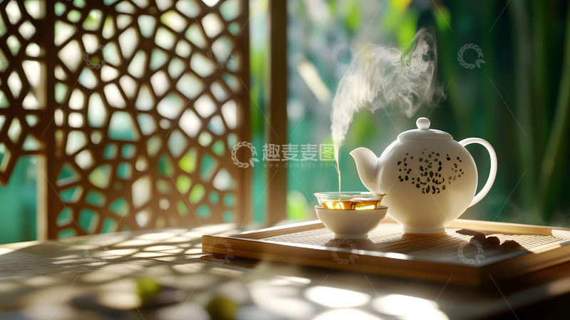 高清大图下载【趣麦麦图】镂空屏风下的传统茶具与茶杯艺术摆设