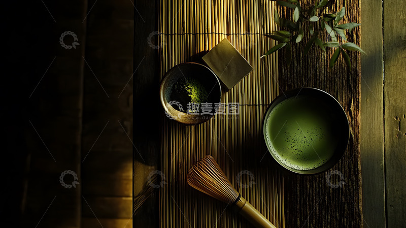 高清大图下载【趣麦麦图】竹影摇曳下的陶瓷茶杯与茶壶艺术画面