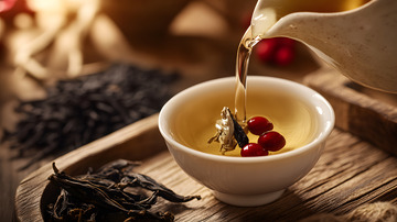 琥珀色茶水注入陶瓷茶杯的动态美感