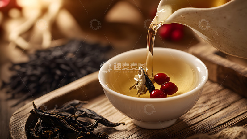 高清大图下载【趣麦麦图】琥珀色茶水注入陶瓷茶杯的动态美感