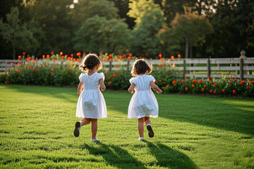 儿童在草地上奔跑摄影图1