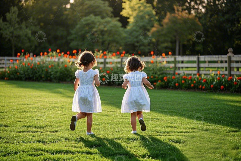 儿童在草地上奔跑摄影图1