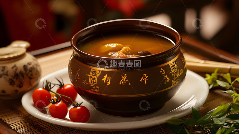 高清大图下载【趣麦麦图】温暖灯光下陶制器皿中的佛跳墙场景