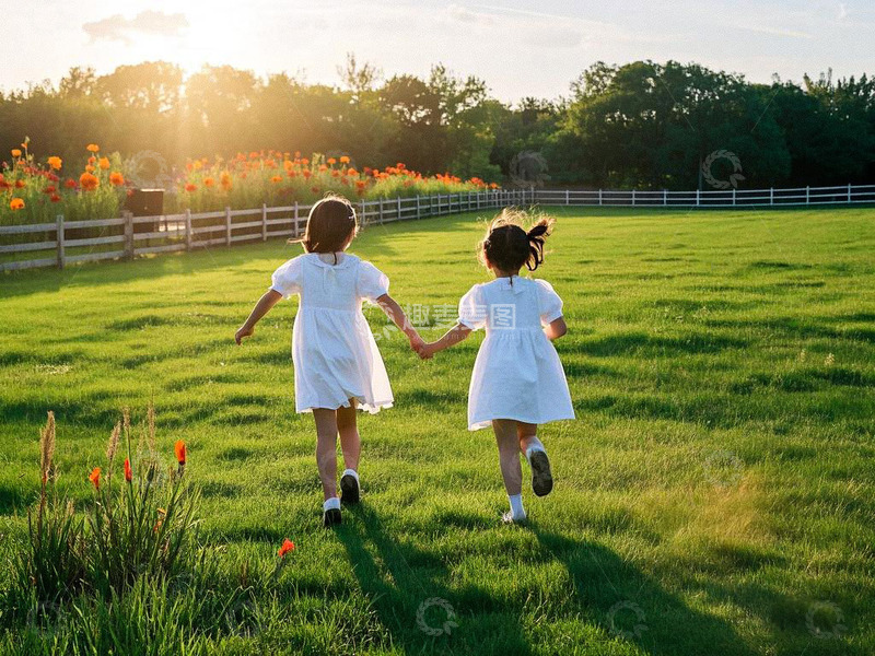 高清大图下载【趣麦麦图】儿童在草地上奔跑摄影图